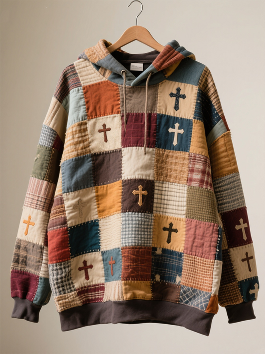 Men's Faith Patchwork Print Drop-Shoulder Hoodie (No Pockets)