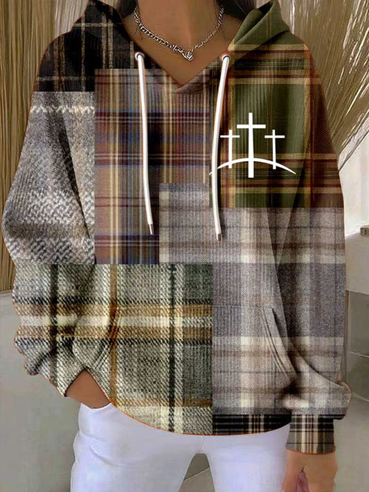 Women's Retro Casual Faith Cross Art Print Hoodie
