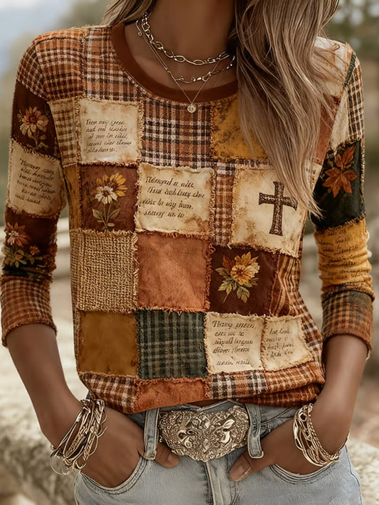 Women's Autumn Faith Cross Floral Patchwork Print Long Sleeve Top
