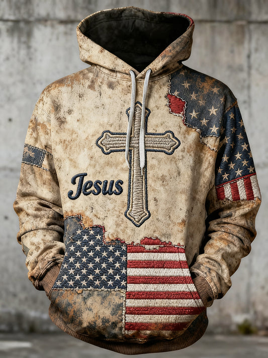 Men's Vintage Jesus Cross Oversized Drop-Shoulder Hoodie with Pockets