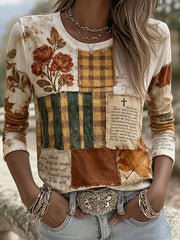 Women's Autumn Faith Cross Floral Patchwork Print Long Sleeve Top