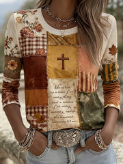 Women's Autumn Faith Cross Floral Patchwork Print Long Sleeve Top