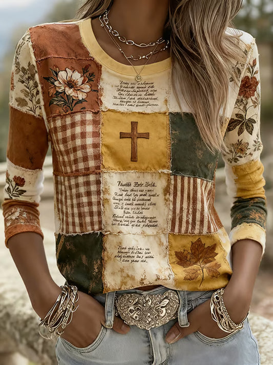Women's Autumn Faith Cross Floral Patchwork Print Long Sleeve Top