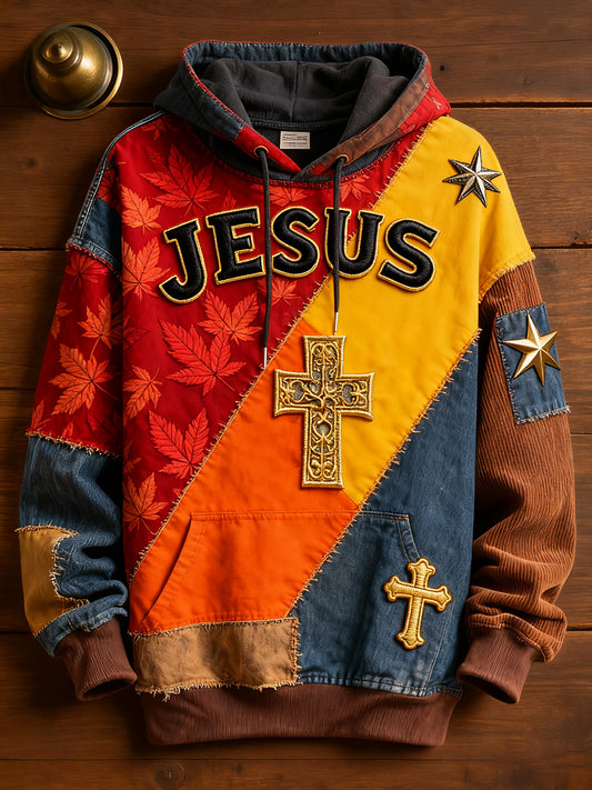 Men's Retro Casual Faith Cross Art Print Oversized Drop-Shoulder Pockets Hoodie