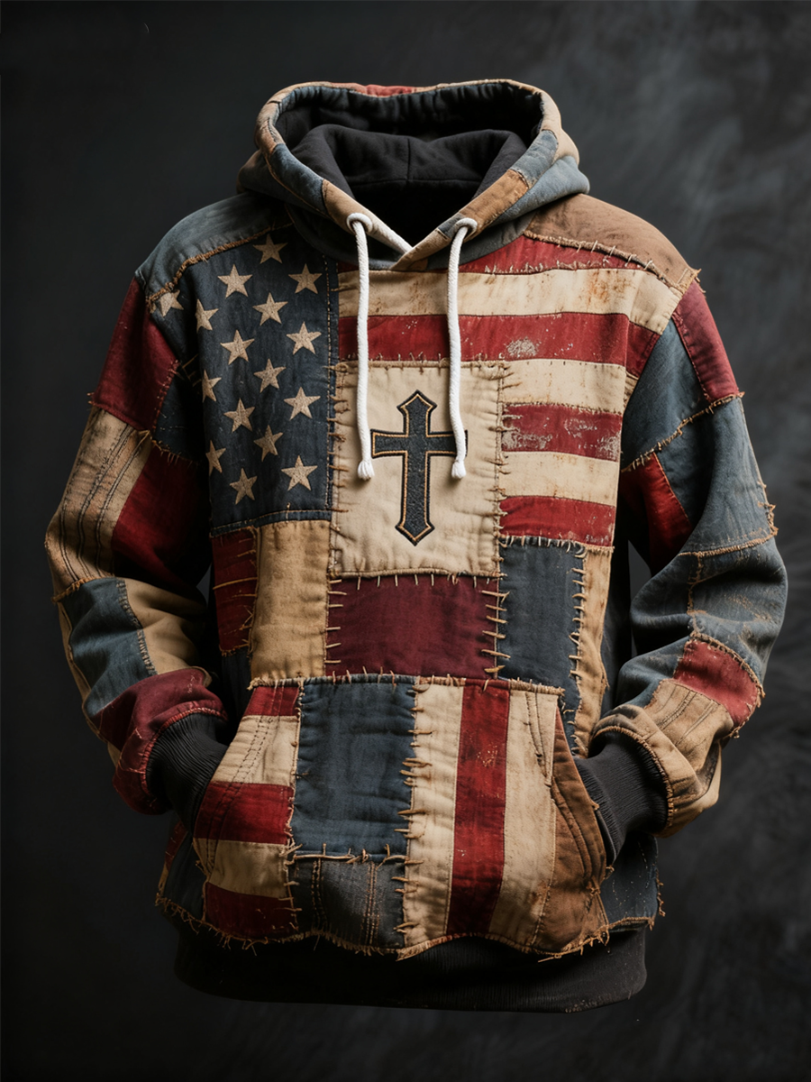 Men's Patchwork of Faith Printed Oversized Drop-Shoulder Hoodie with Pockets