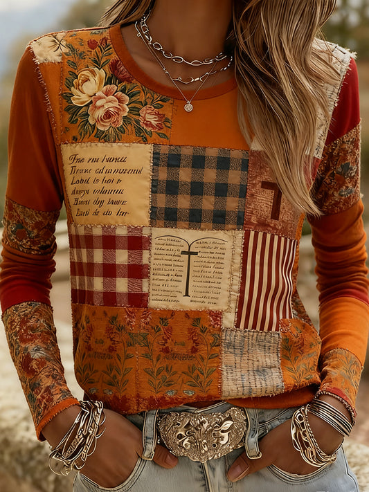 Women's Autumn Faith Cross Floral Patchwork Print Long Sleeve Top