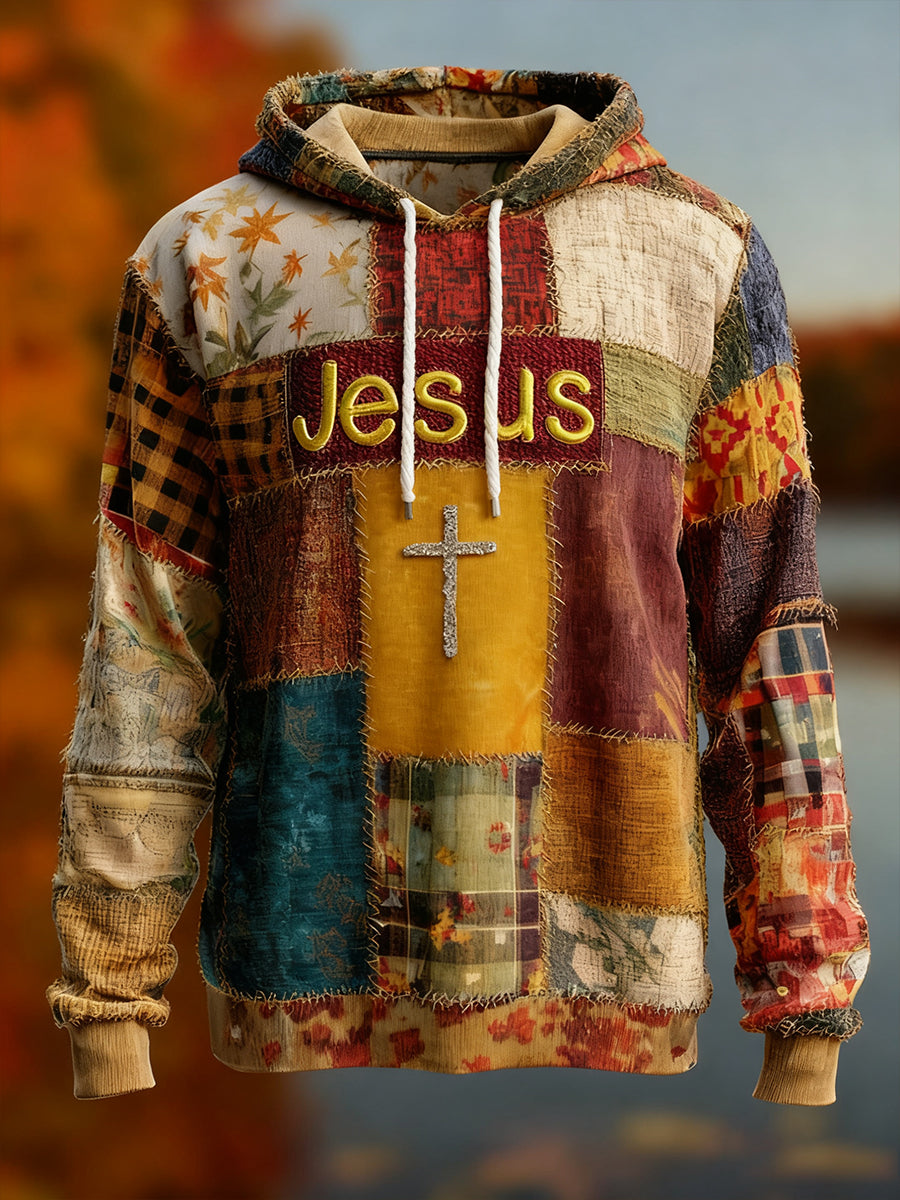 Men's Vintage Faith Cross Art  Print Oversized Drop-Shoulder Hoodie with Pockets