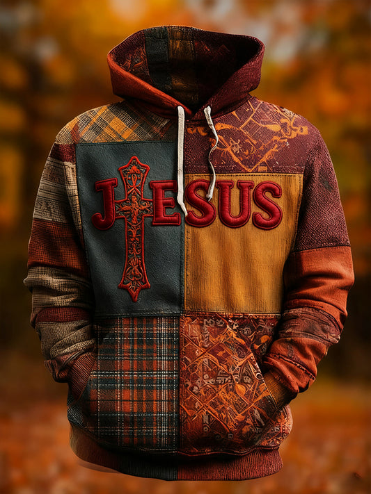 Men's Vintage Faith Cross Art  Oversized Drop-Shoulder Hoodie with Pockets