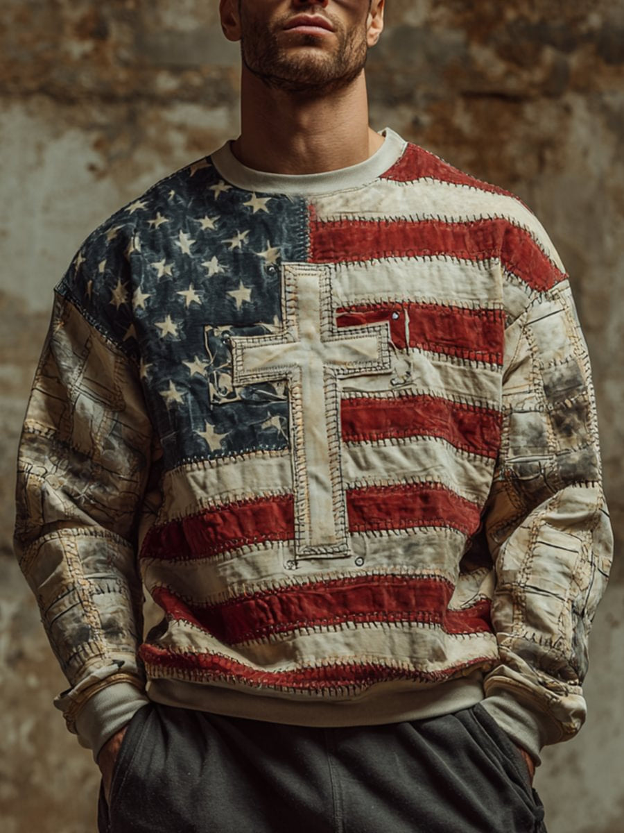 Men's Faith Cross Flag Crew Neck Sweatshirt