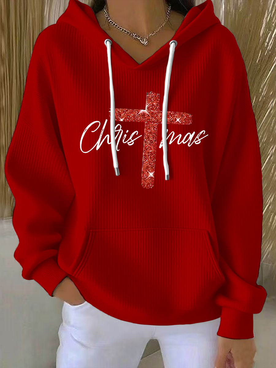Women's Merry Christmas Cross Print Ribbed  Hoodie