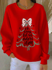 Women's “Oh Come Let Us Adore Him” Print Casual Ribbed Round-Neck Sweatshirt