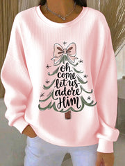 Women's “Oh Come Let Us Adore Him” Print Casual Ribbed Round-Neck Sweatshirt