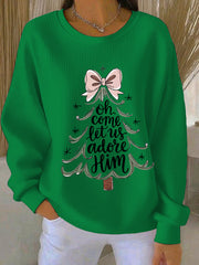 Women's “Oh Come Let Us Adore Him” Print Casual Ribbed Round-Neck Sweatshirt