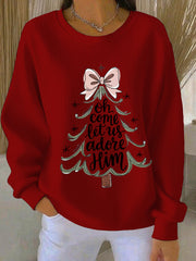 Women's “Oh Come Let Us Adore Him” Print Casual Ribbed Round-Neck Sweatshirt