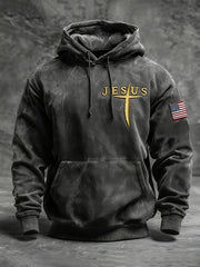 Men's Vintage Jesus Cross Oversized Drop-Shoulder Hoodie with Pockets
