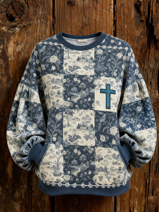 Women's Retro floral Faith Cross Printed Hoodie