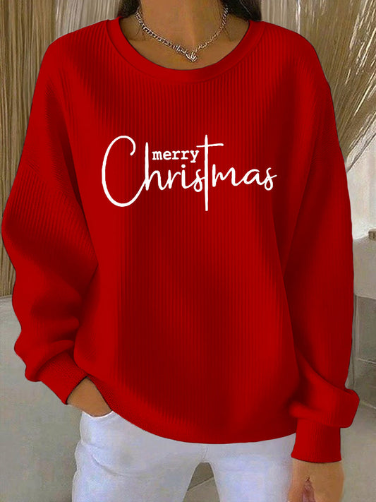 Women's Merry Christmas Cross Print  Ribbed Round-Neck Sweatshirt