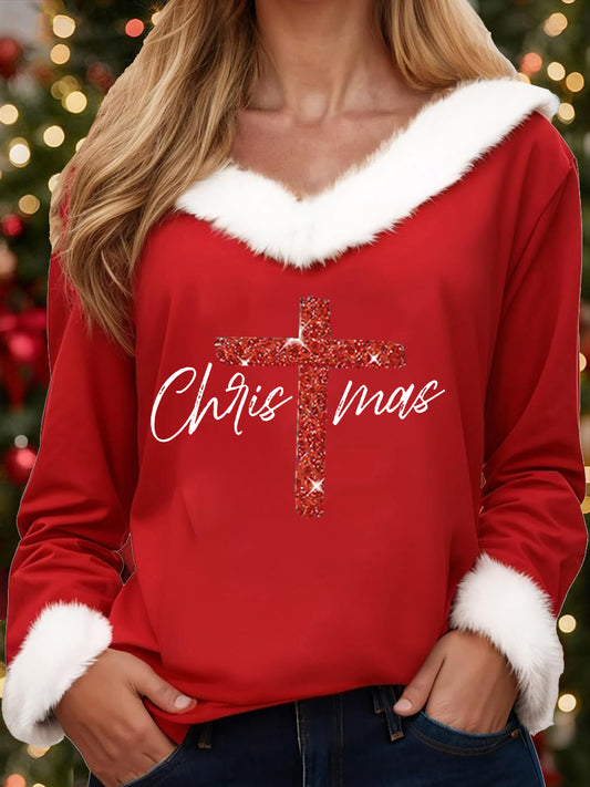 Women's Merry Christmas Christmas Cross Print Casual Fur-Collar Top