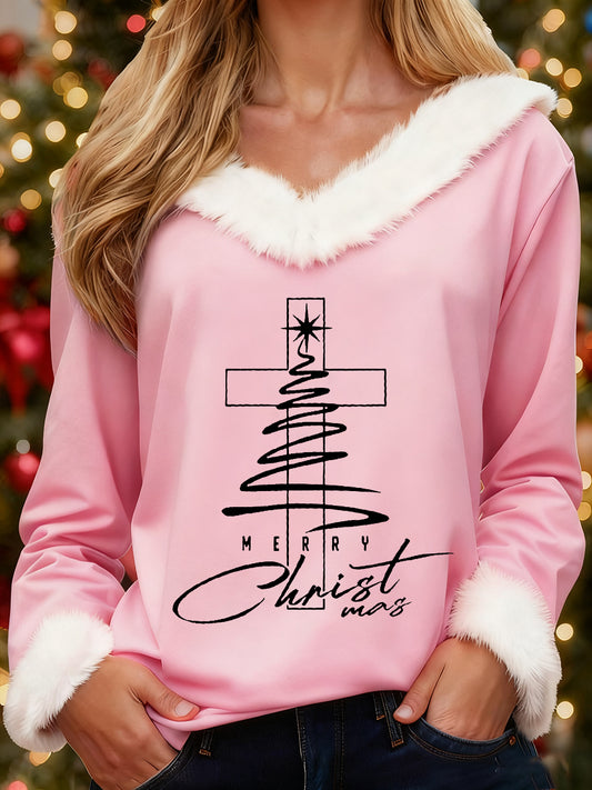 Women's Merry Christmas  Jesus Christmas Tree Cross Print Casual Fur-Collar Top