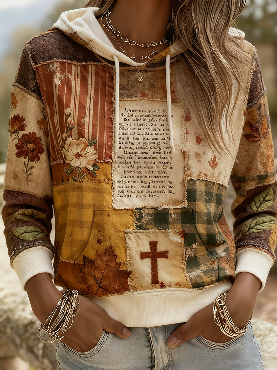 Women's Autumn Faith Floral Cross Patchwork Print  Hoodie