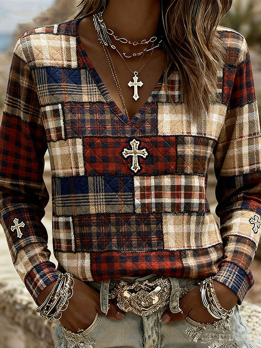 Women's Plaid Patchwork Cross V-Neck T-Shirt