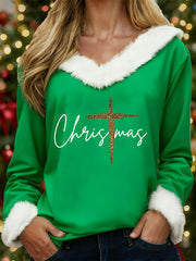 Women's Merry Christmas Christmas Cross Print Casual Fur-Collar Top
