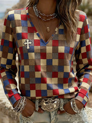 Women's Plaid Patchwork Cross V-Neck T-Shirt