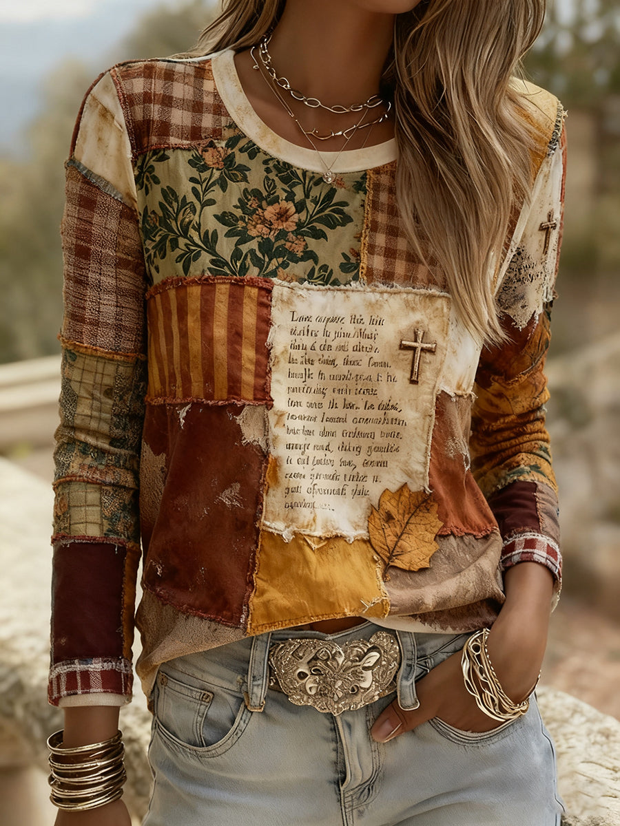 Women's Autumn Faith Floral Cross Patchwork Print Long Sleeve  T-shirt