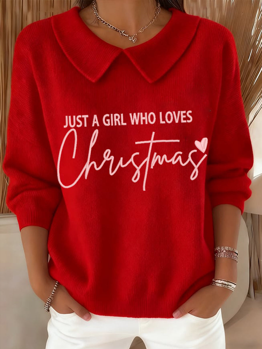 Women's Just a Girl Who Loves Christmas Embroidered Cozy Knit Top