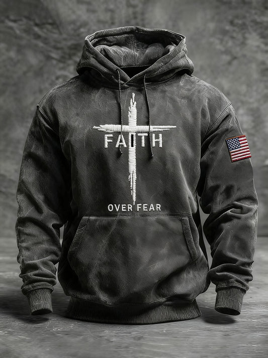 Men's Faith Over Fear Cross Oversized Drop-Shoulder Hoodie with Pockets