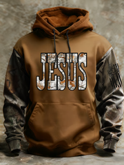 Men's JESUS Print Oversized Drop-Shoulder Hoodie with Pockets