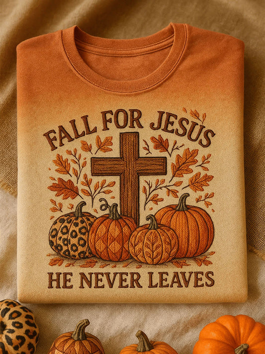 Men's Fall For Jesus He Never Leaves Short Sleeves T-shirt