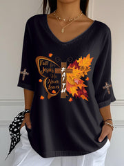 Women's Fall For Jesus Faith  Cross Printed V-Neck Top