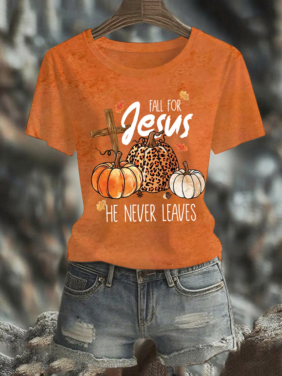 Women's Fall For Jesus, He Never Leaves Cross Short Sleeve T-Shirt