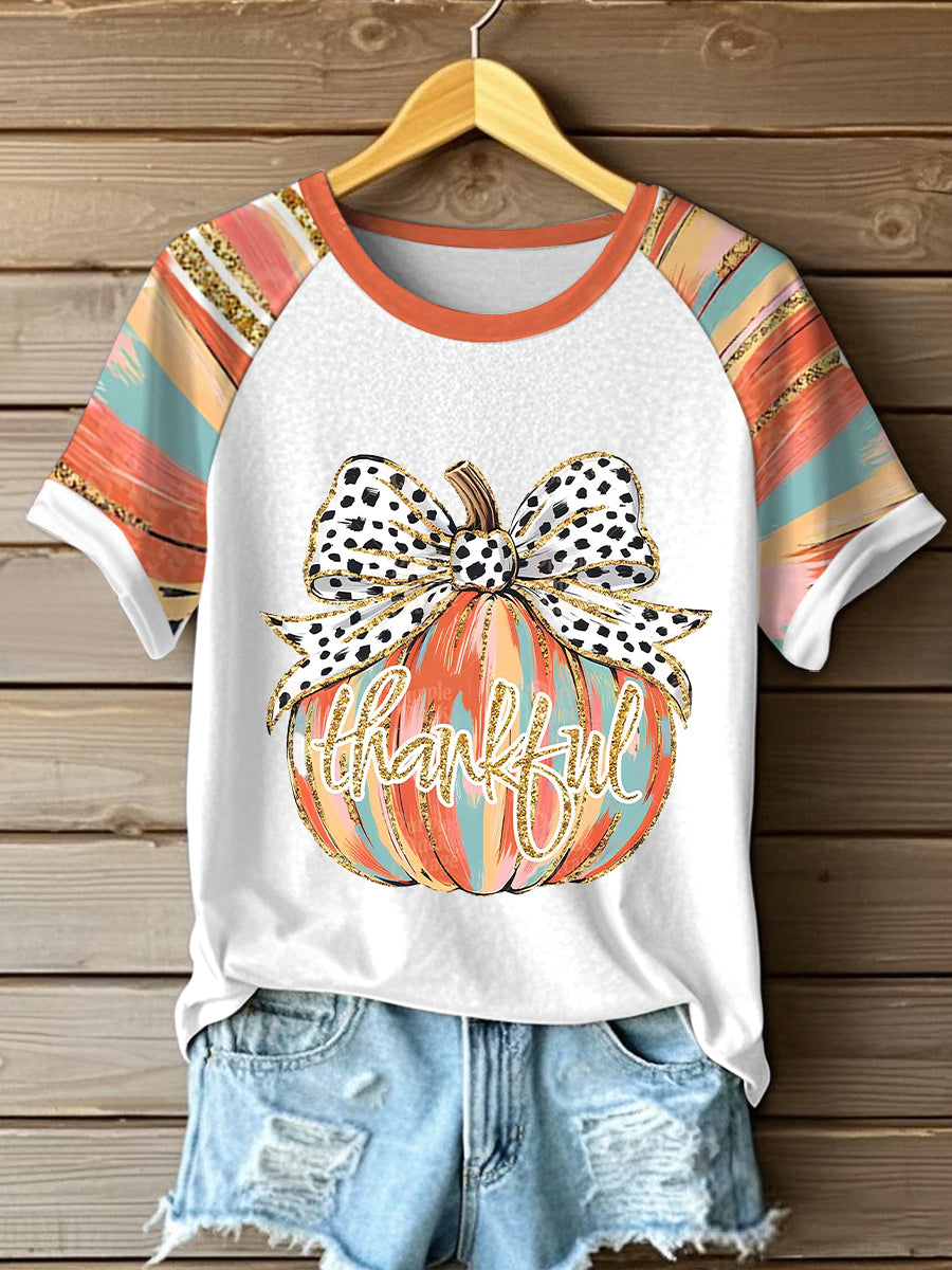 Women's Thankful Glitter Pumpkin Short Sleeve T-shirt