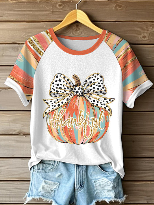 Women's Thankful Glitter Pumpkin Short Sleeve T-shirt