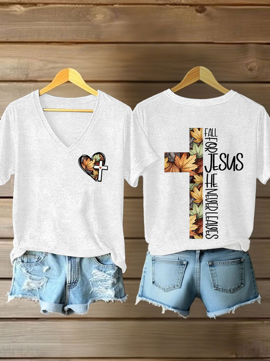 Women's Fall For Jesus, He Never Leaves Cross Short Sleeve T-Shirt