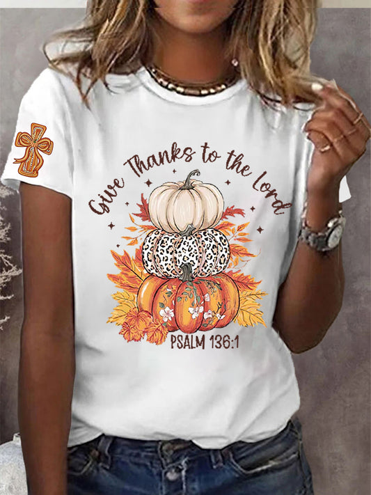 Women's Give Thanks to the Lord Christian Cross Thankful Pumpkins  Short Sleeve T-Shirt