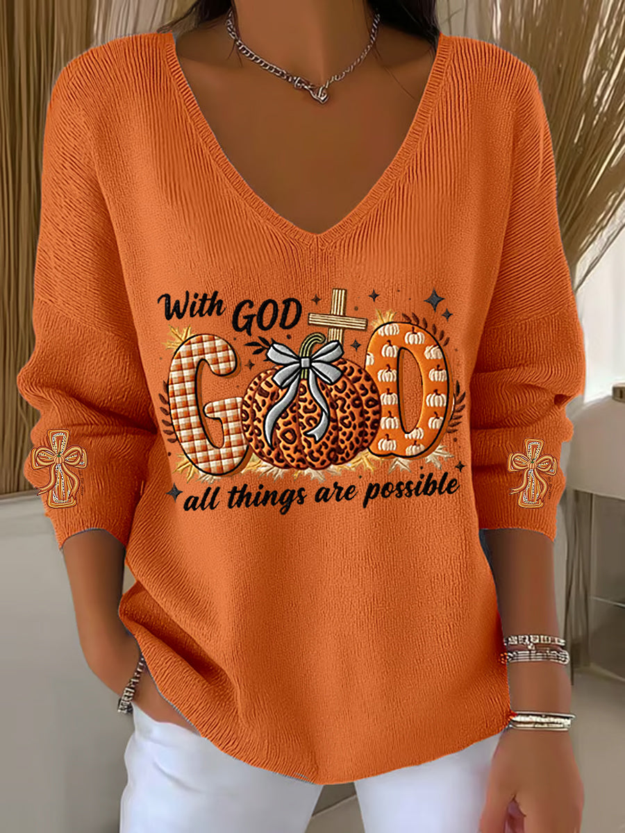 Women's With God Pumpkins Cross Printed V-Neck Top