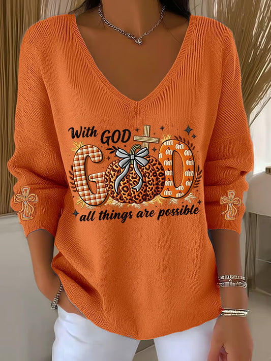 Women's With God Pumpkins Cross Printed V-Neck Top