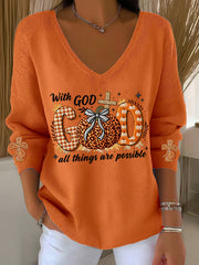 Women's With God Pumpkins Cross Printed V-Neck Top