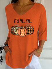 Women's Autumn It's Fall Y'ALL Printed V-Neck Casual  Top
