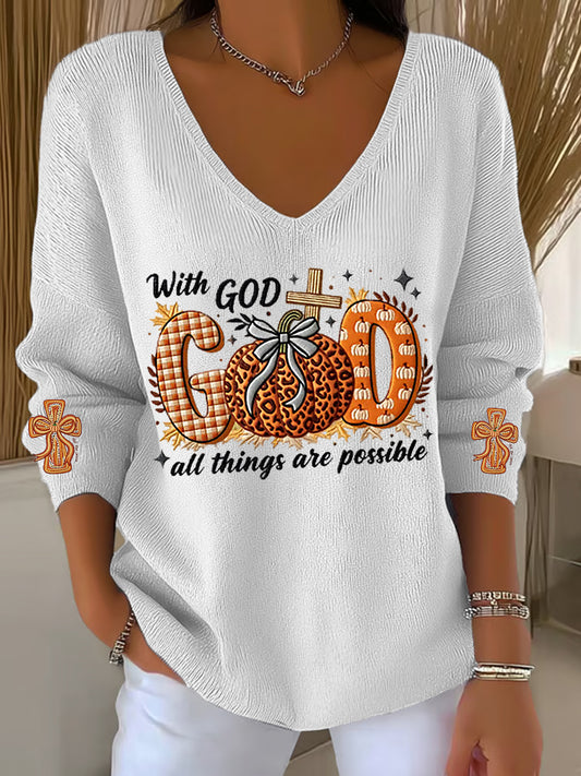 Women's With God Pumpkins Cross Printed V-Neck Top