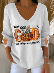 Women's With God Pumpkins Cross Printed V-Neck Top