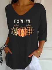 Women's Autumn It's Fall Y'ALL Printed V-Neck Casual  Top