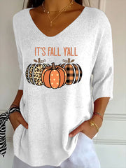 Women's Autumn It's Fall Y'ALL Printed V-Neck Casual  Top