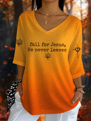 Women's Fall For Jesus He Never Leaves Five-quarter Sleeve Top
