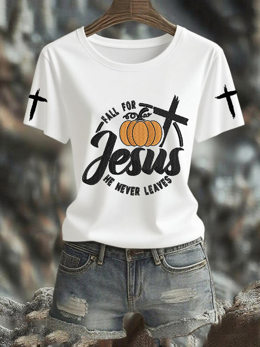 Women's Fall For Jesus, He Never Leaves Cross Short Sleeve T-Shirt