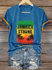 Women's V-Neck Retro Jamaica Strong Save The Animals Reggae Red, Green, And Gold Print T-Shirt
