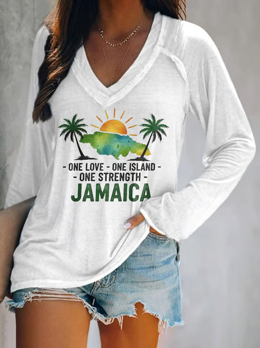 Women's Retro Jamaica Strong One Love One Island One Strength V-Neck T-Shirt